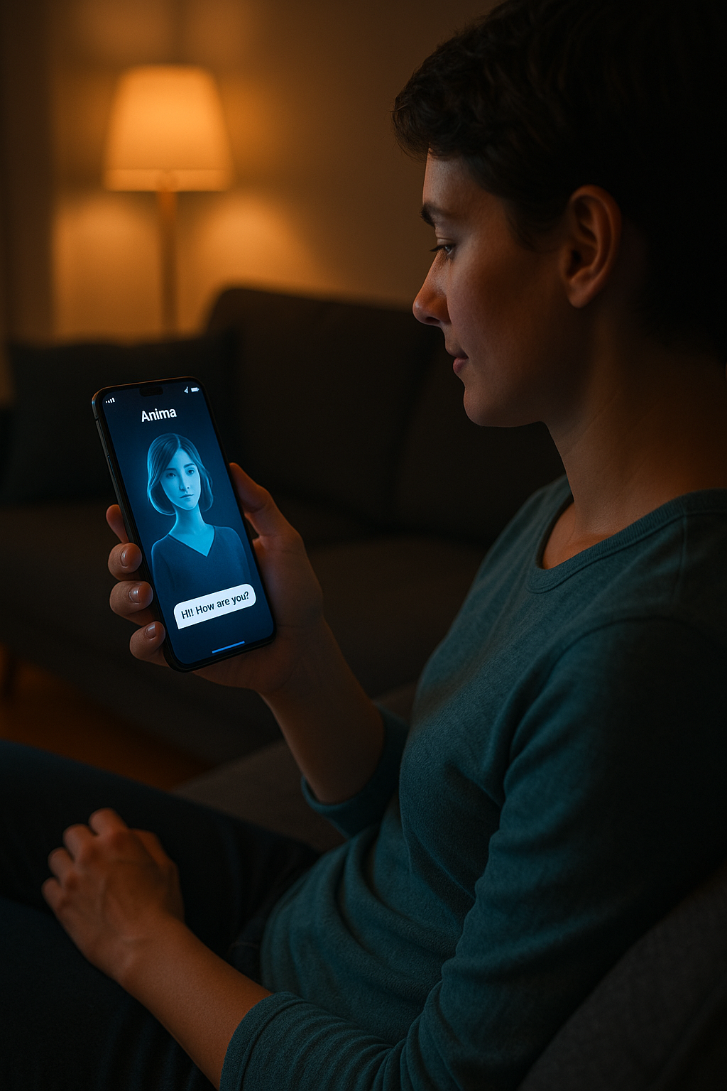 Symbolisches Bild einer jungen Person, die auf ihrem Smartphone tippt, als Darstellung der Nutzung von Anima AI als virtuellem Freund