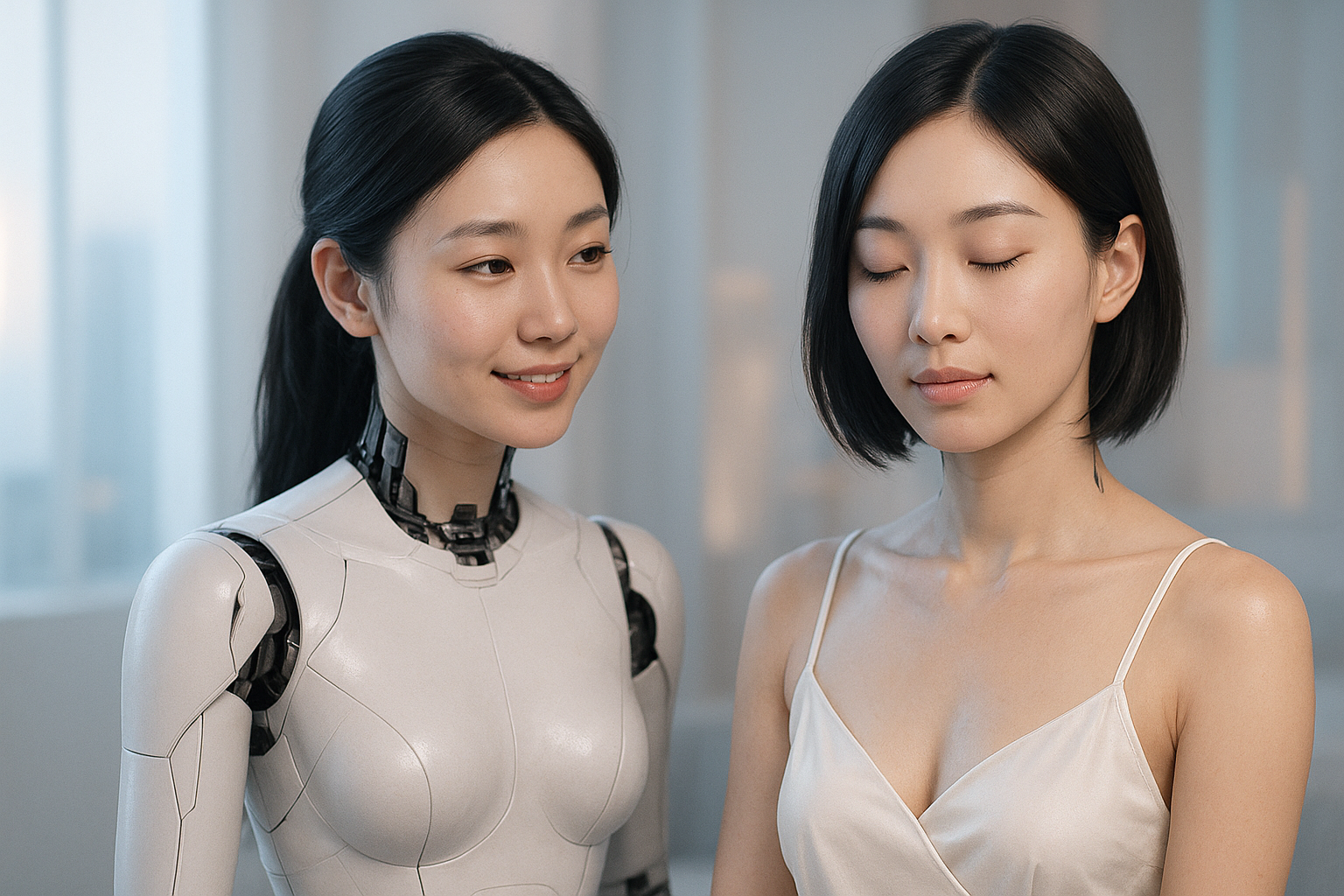 Zwei asiatisch anmutende humanoide Roboterfrauen in einem hellen, futuristischen Raum, mit sanften Gesichtszügen und eleganter Ausstrahlung