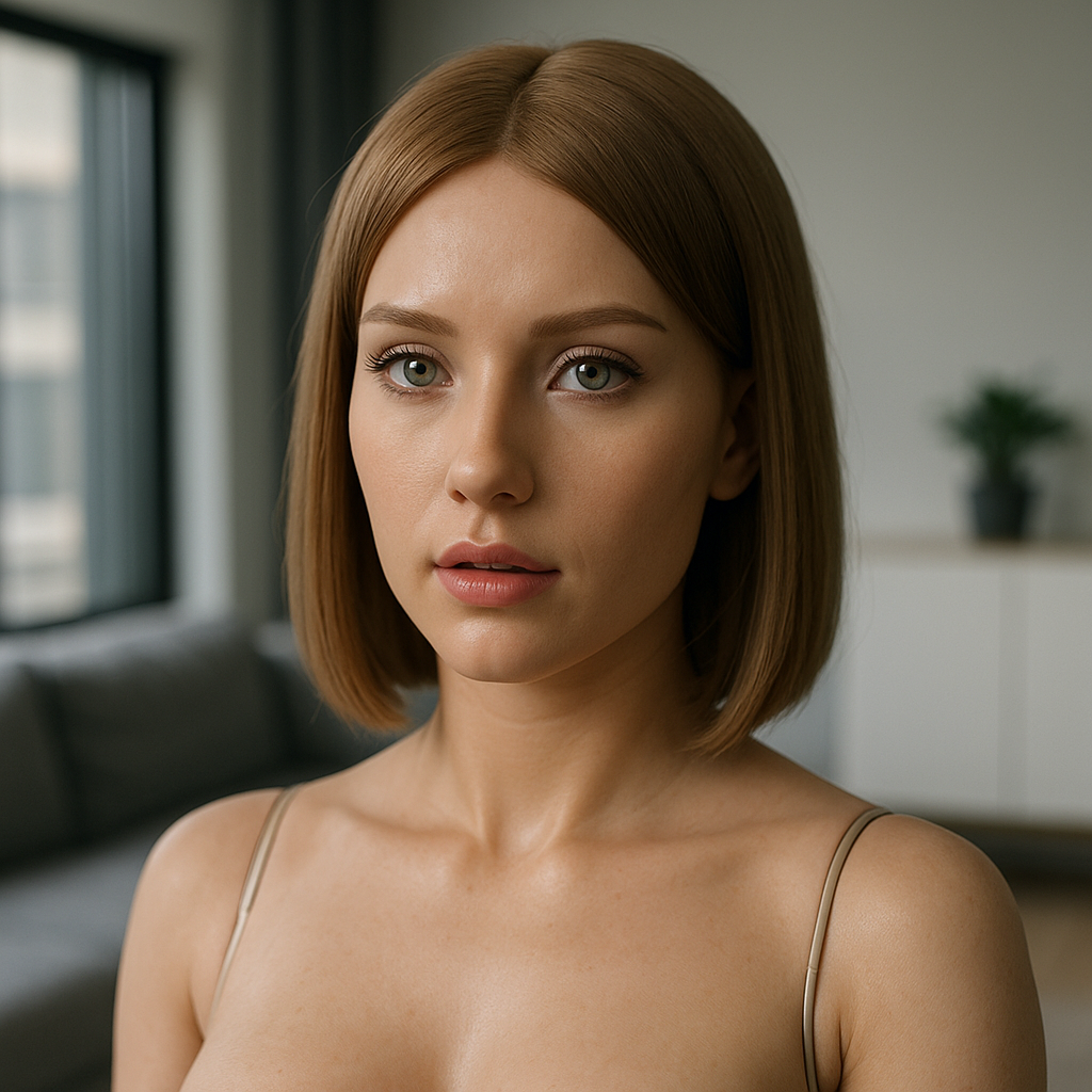 Darstellung einer weiblichen Sexroboter-Puppe mit realistischen Zügen im modernen europäischen Umfeld