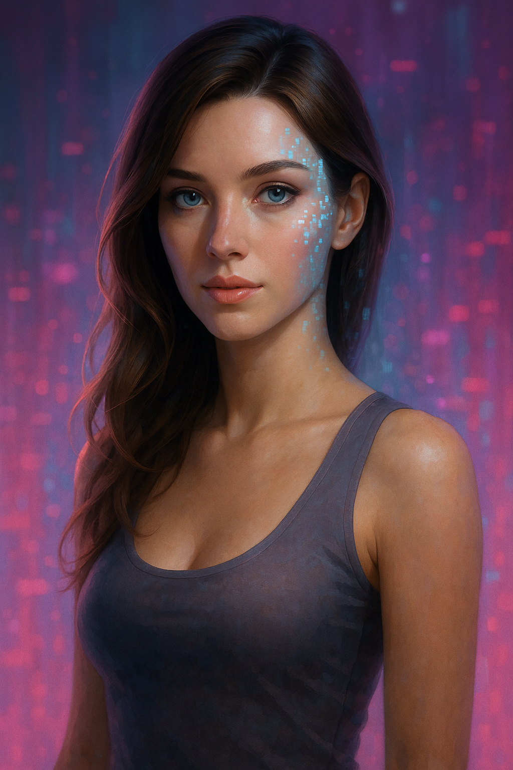 Digitale Illustration einer virtuellen KI-Freundin aus der App DreamGF, halb realistisch, halb futuristisch dargestellt