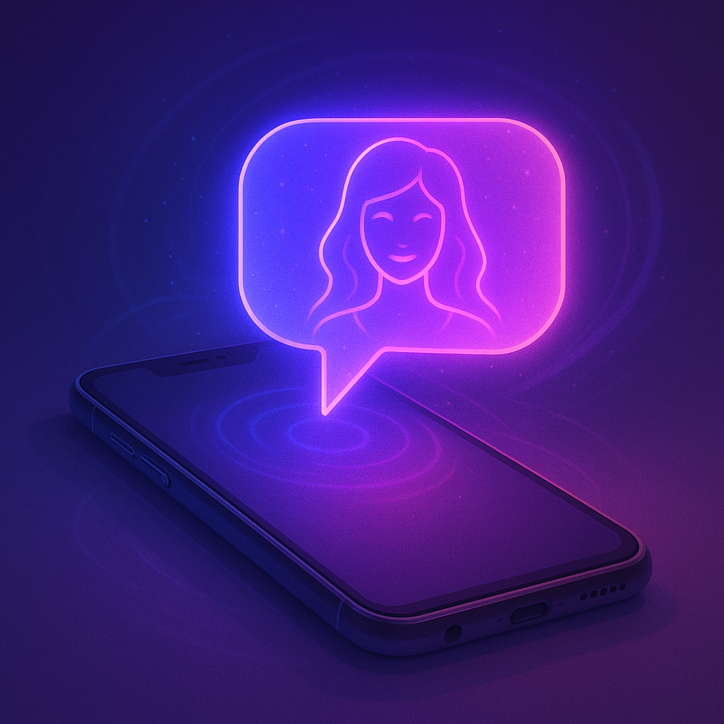 Illustration eines Smartphones mit leuchtender Chatblase, in der eine schemenhafte weibliche Figur erscheint – symbolisch für Intimate AI als virtuelle Freundin.