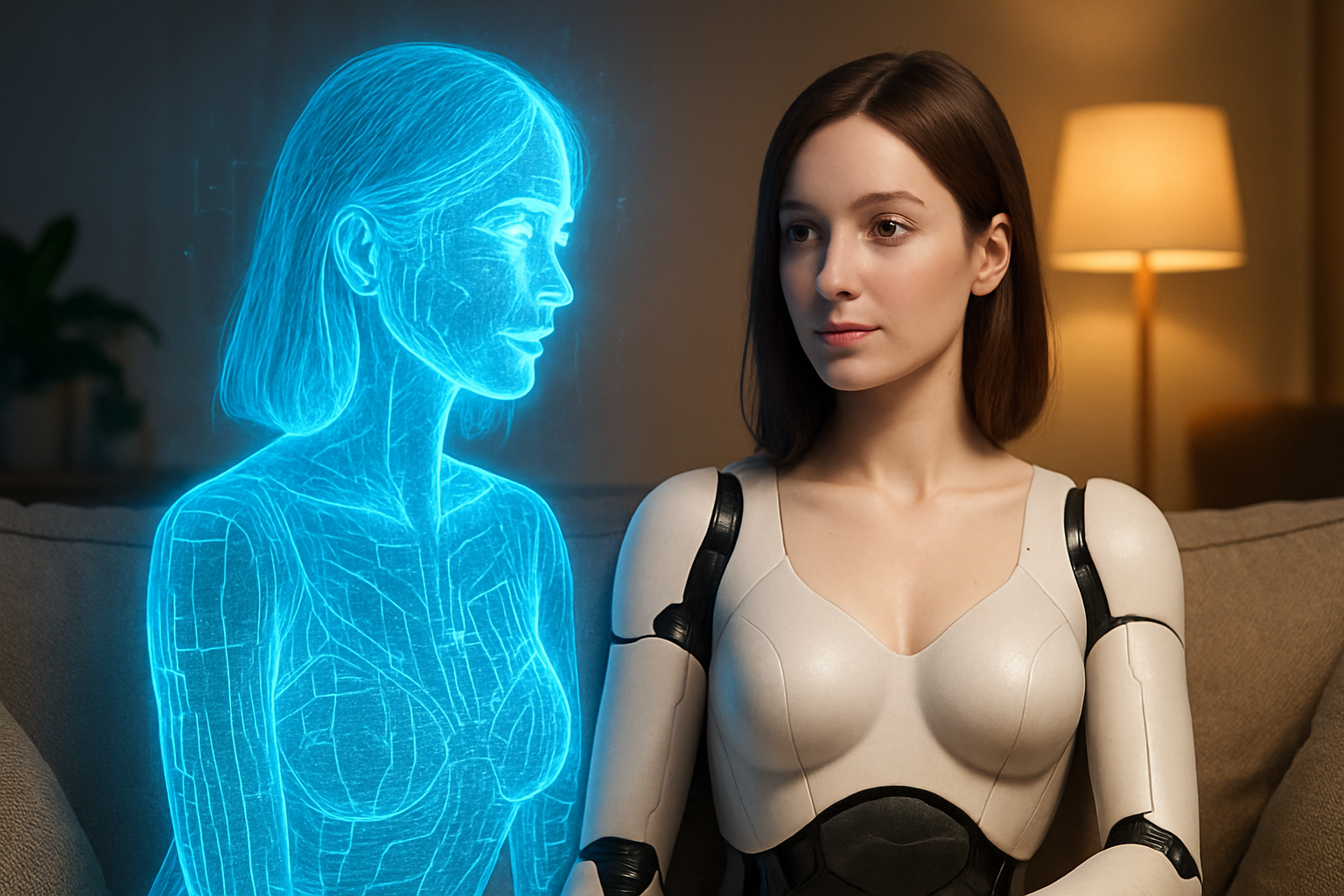 Darstellung einer halb digitalen KI-Freundin, die sich in eine humanoide Roboterfrau verwandelt