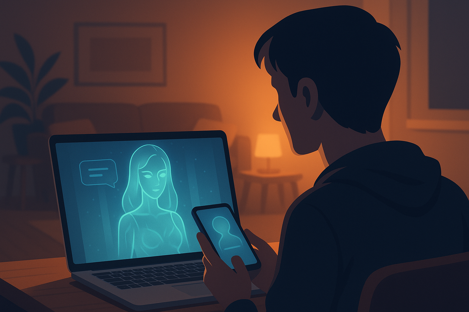 Symbolische Darstellung einer Person, die zum ersten Mal mit einer KI-Freundin über Laptop oder Smartphone chattet, freundliche Atmosphäre