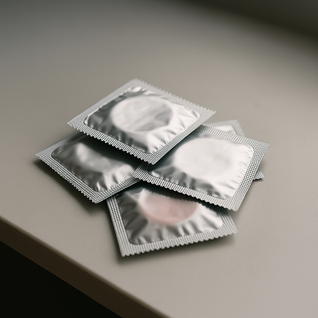 Fotografie mehrerer verschlossener Kondompackungen auf einem Tisch, symbolisch für Hygiene und Sicherheit beim Sex mit einem Roboter