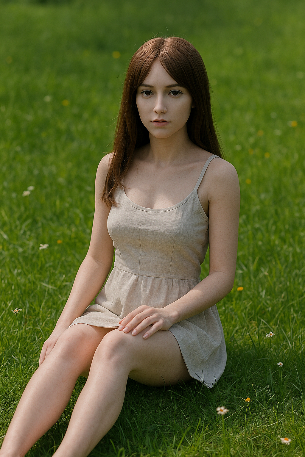 Eine Realdoll sitzt auf einer grünen Wiese, künstliche Figur in natürlicher Umgebung, symbolische Darstellung