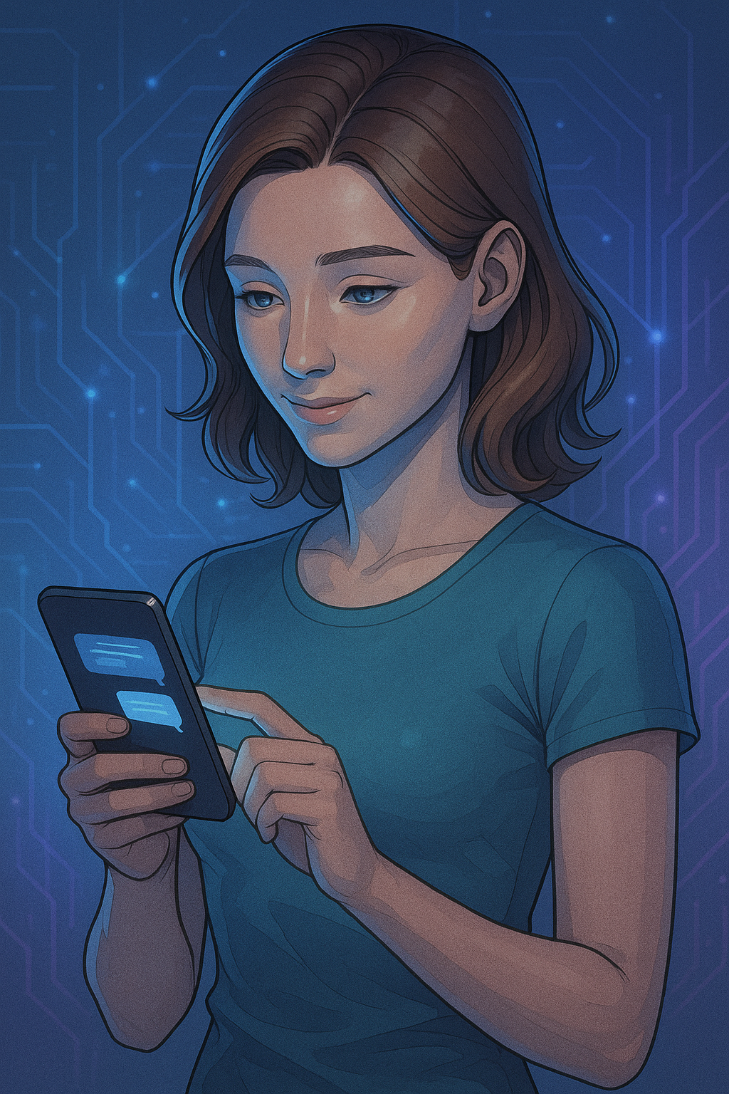 Digitale Darstellung einer KI-Freundin, die mit einem Smartphone chattet und Nähe simuliert