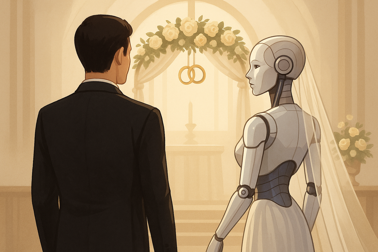 Symbolische Darstellung einer Hochzeit zwischen einem Mann und einer humanoiden Roboterfrau vor einem Traualtar