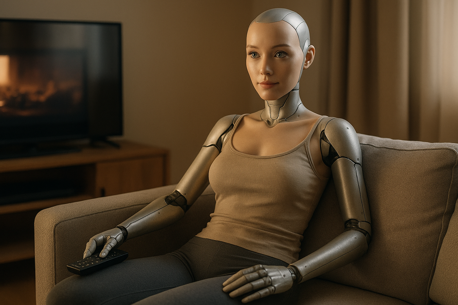 Humanoide Roboterfrau sitzt entspannt auf einem Sofa in einem Wohnzimmer und hält eine Fernbedienung, mit sichtbaren Metallarmen und freundlichem Gesichtsausdruck