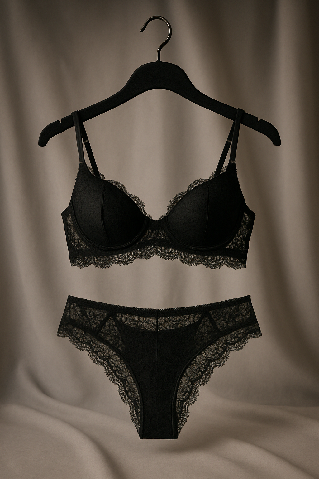 Ein Set aus schwarzem Spitzen-BH und Slip auf einem Kleiderbügel, symbolische Darstellung heißer Kleidung für einen Sexroboter